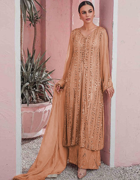 Orange Sharara style Suit Faux Georgette Salwar Kameez in Embroidery, Sequins & Lace Work